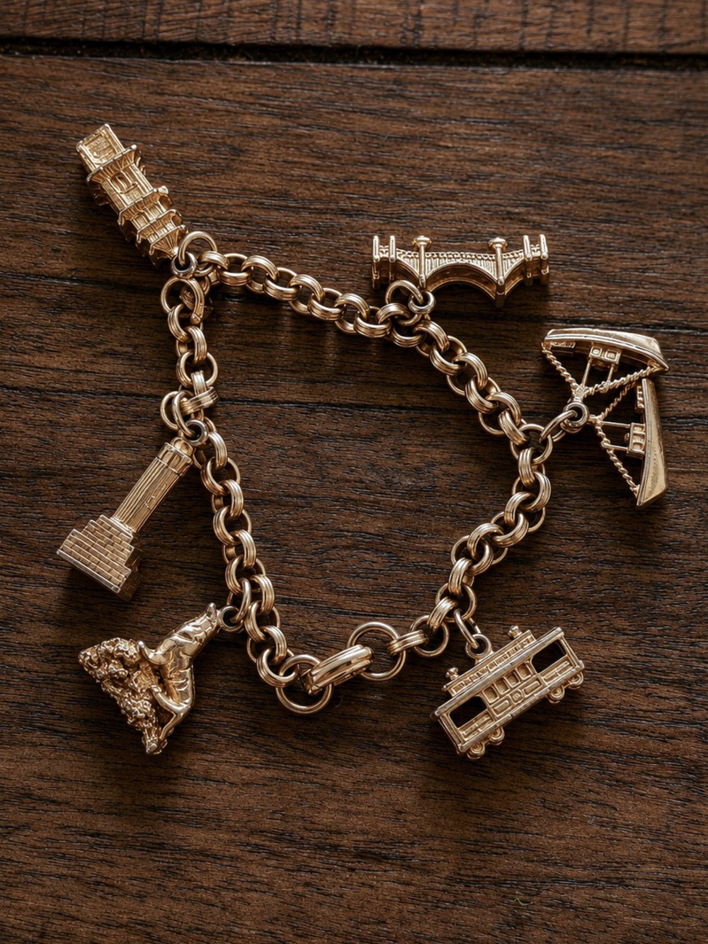 Vintage San Francisco Charm Bracelet Gold Tone Golden Gate Bridge Cable Car
